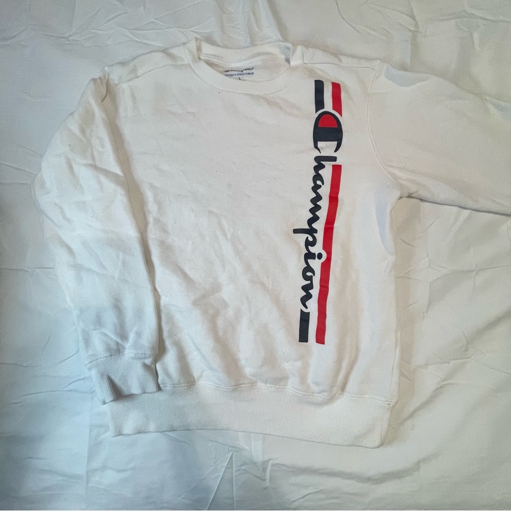 Champion Long Sleeve Sweatshirt White Youth Large Logo Spell Out
